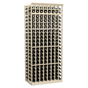 8-column double-deep wine rack with light wood frame and empty bottle slots