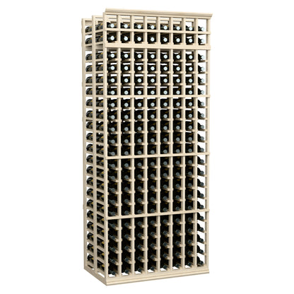 8-column double-deep wine rack with light wood frame and empty bottle slots