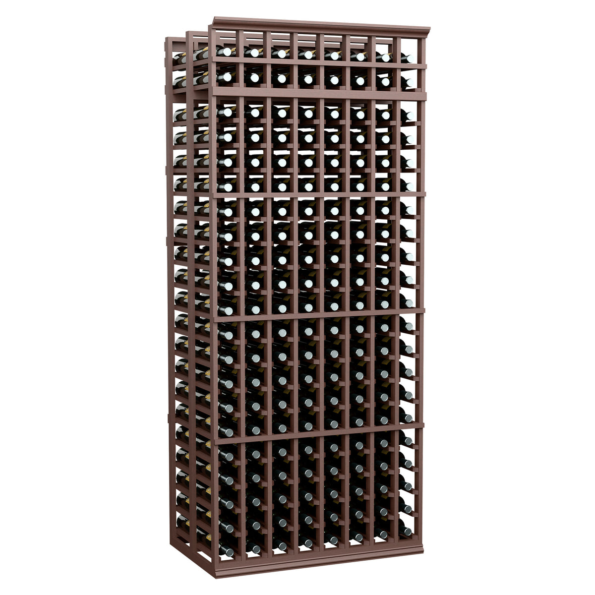 8-column double-deep wine rack with dark brown frame and empty bottle slots