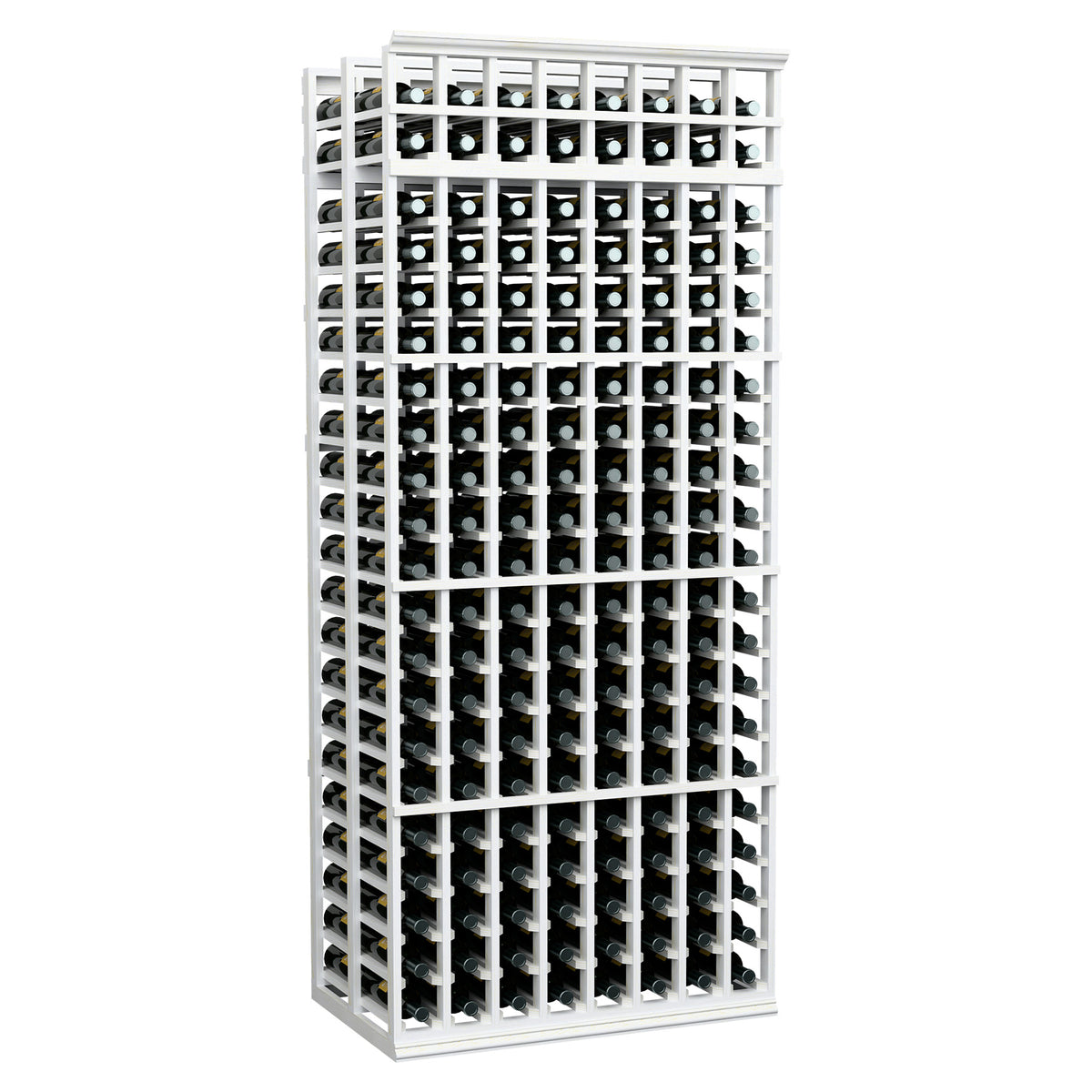 8-column double-deep wine rack with white frame and empty bottle slots