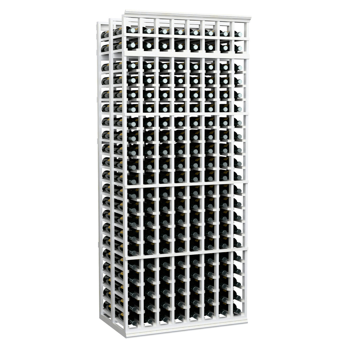 8-column double-deep wine rack with light wood frame and rows of wine bottles
