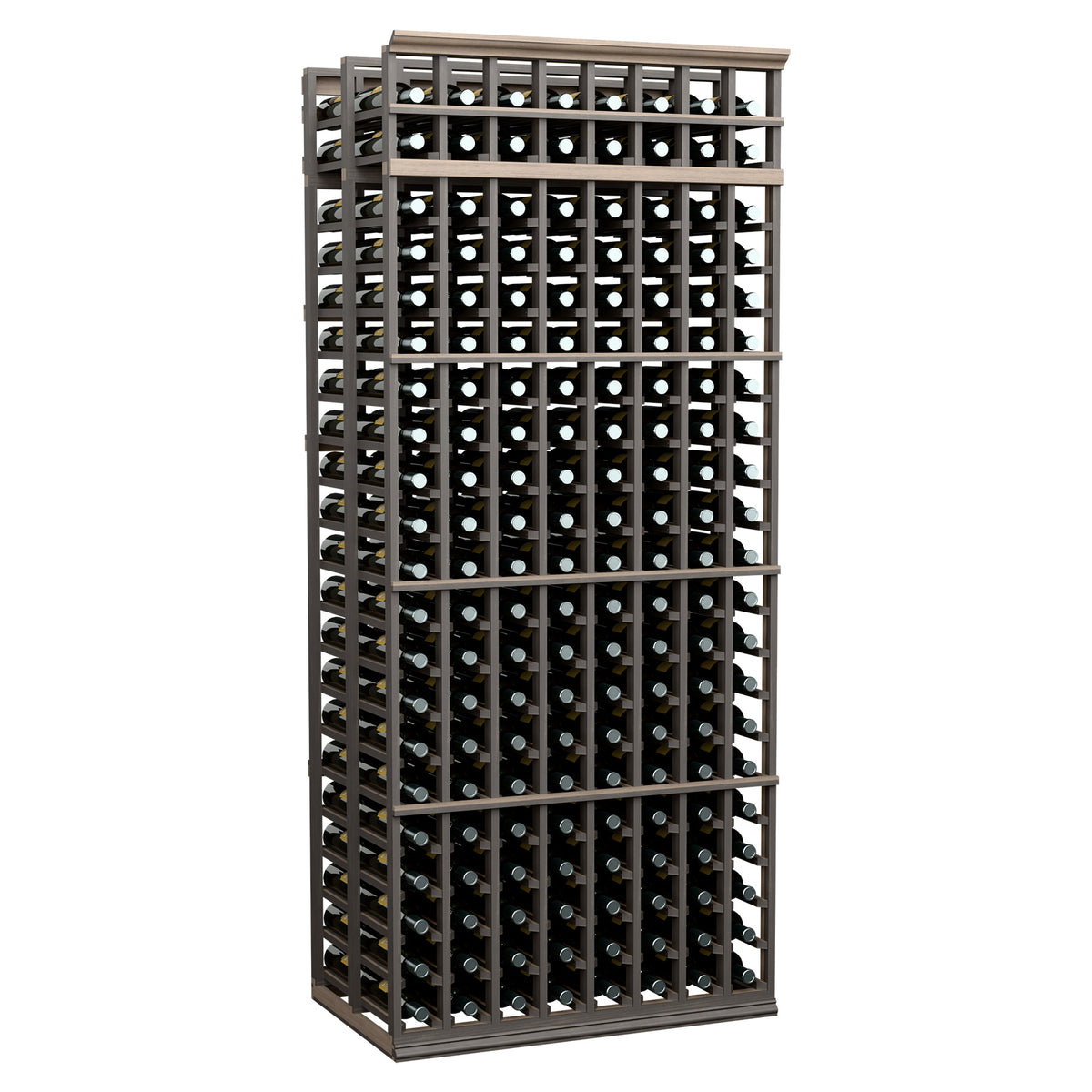8-column double-deep wine rack with dark wood frame and rows of wine bottles