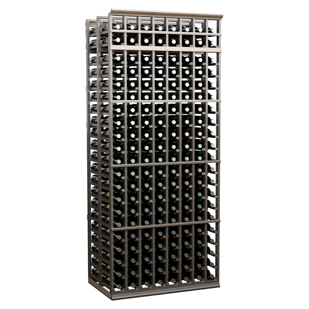 8-column double-deep wine rack with dark wood frame and wine bottle storage rows
