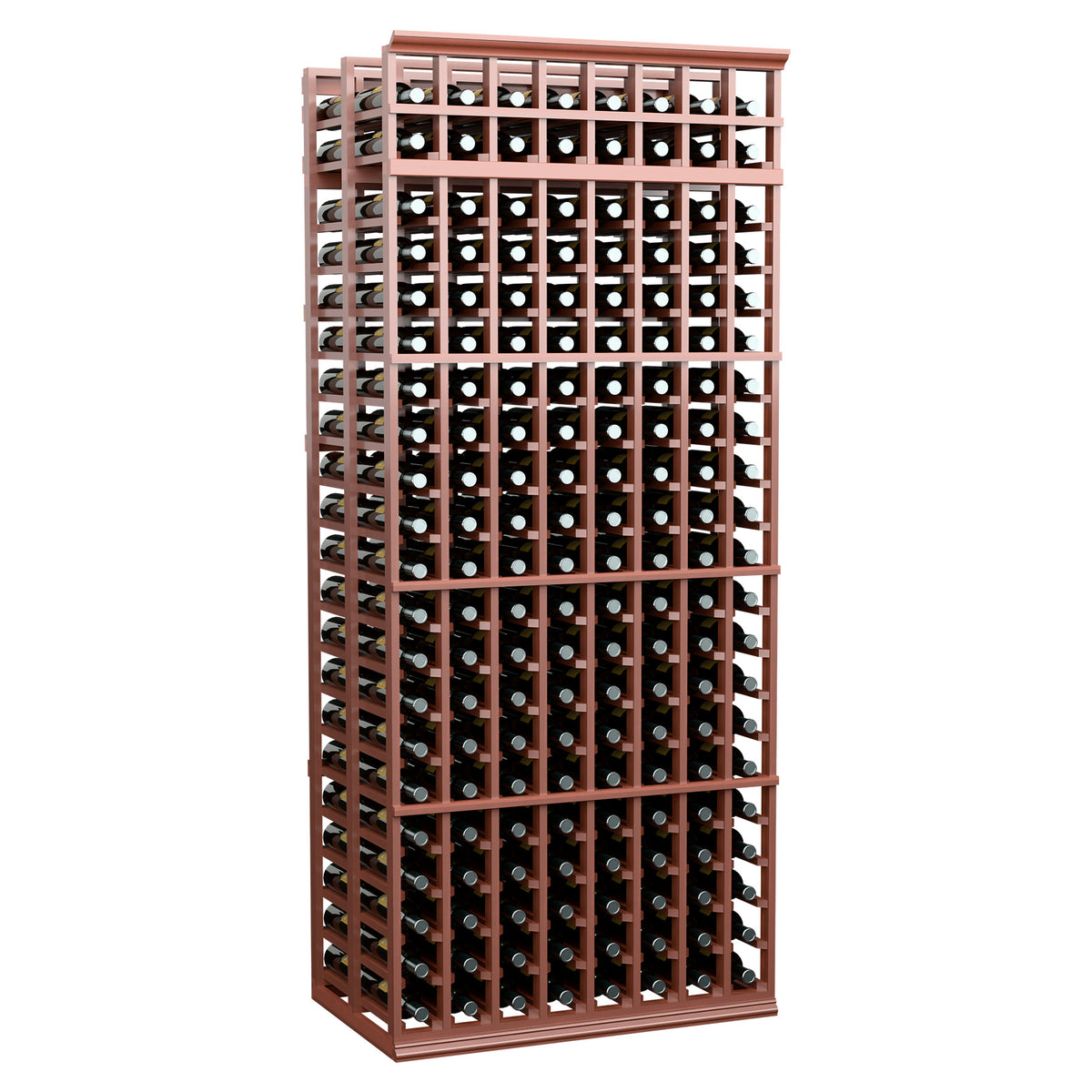 8-column double-deep wine rack with warm brown wood frame and rows of wine bottles