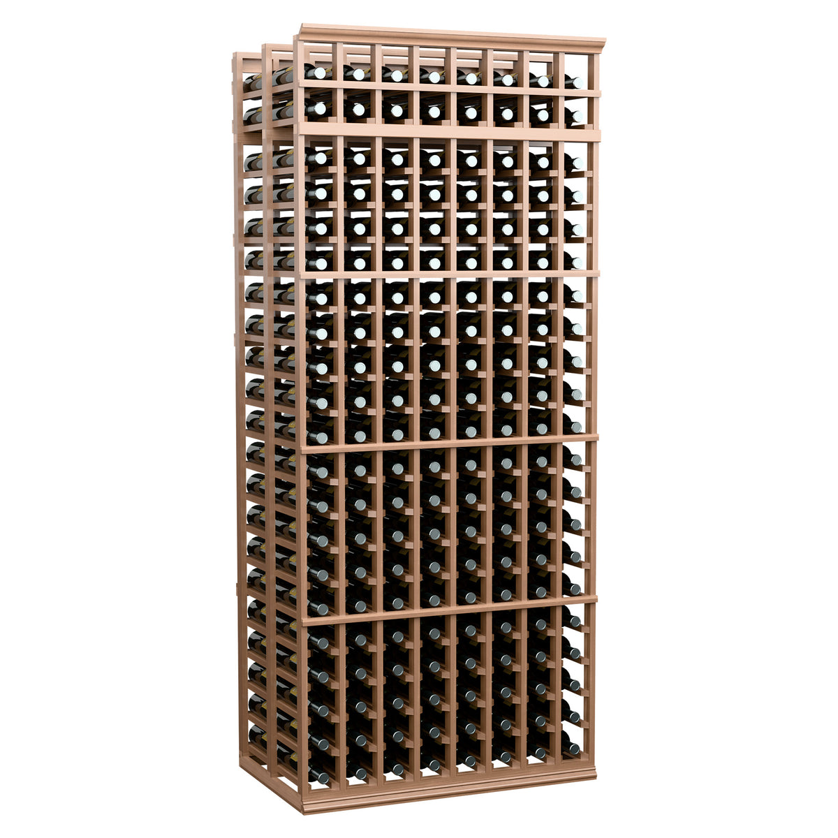 8-column double-deep wine rack with light wood frame and rows of wine bottles