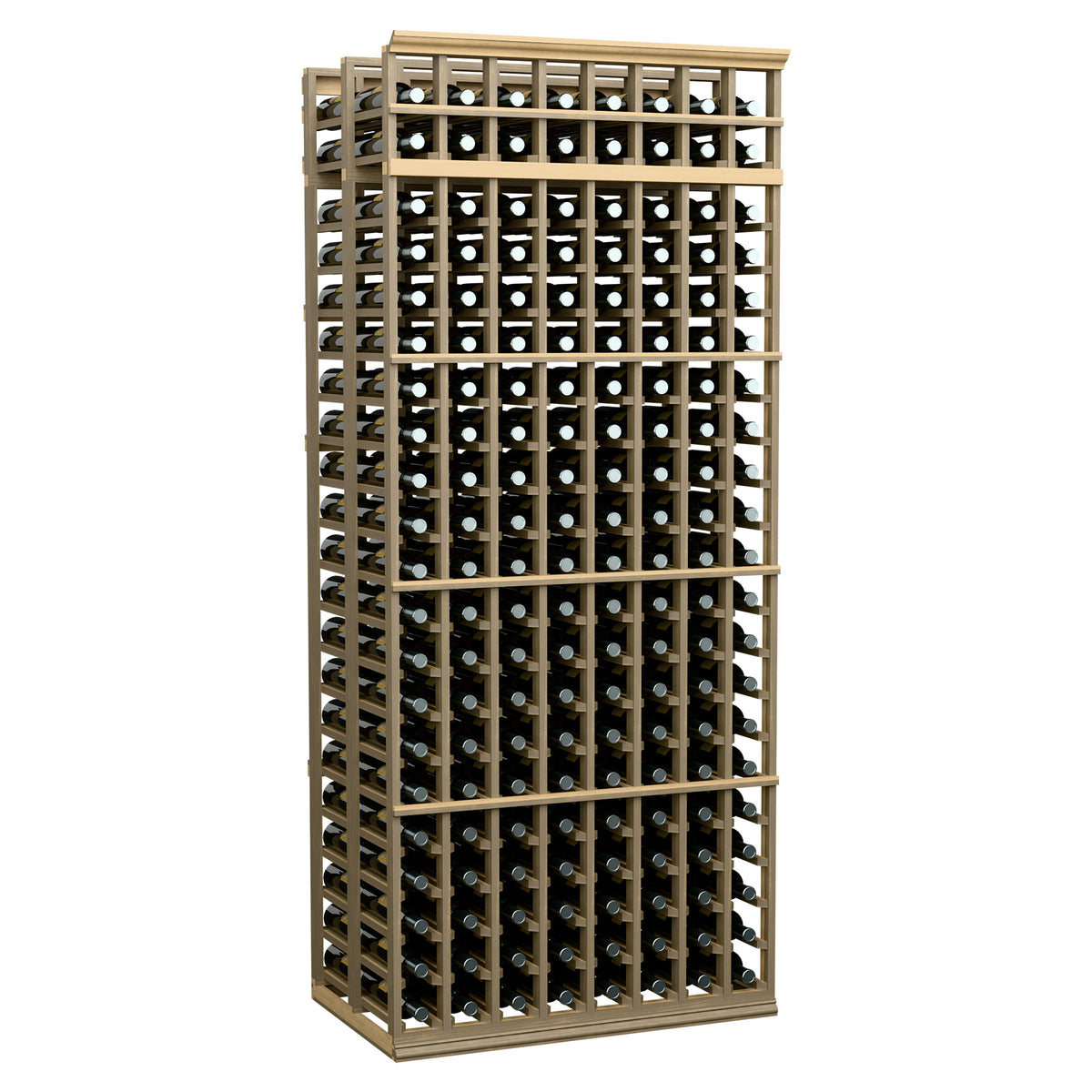 8-column double-deep wine rack with pale wood frame and rows of wine bottles