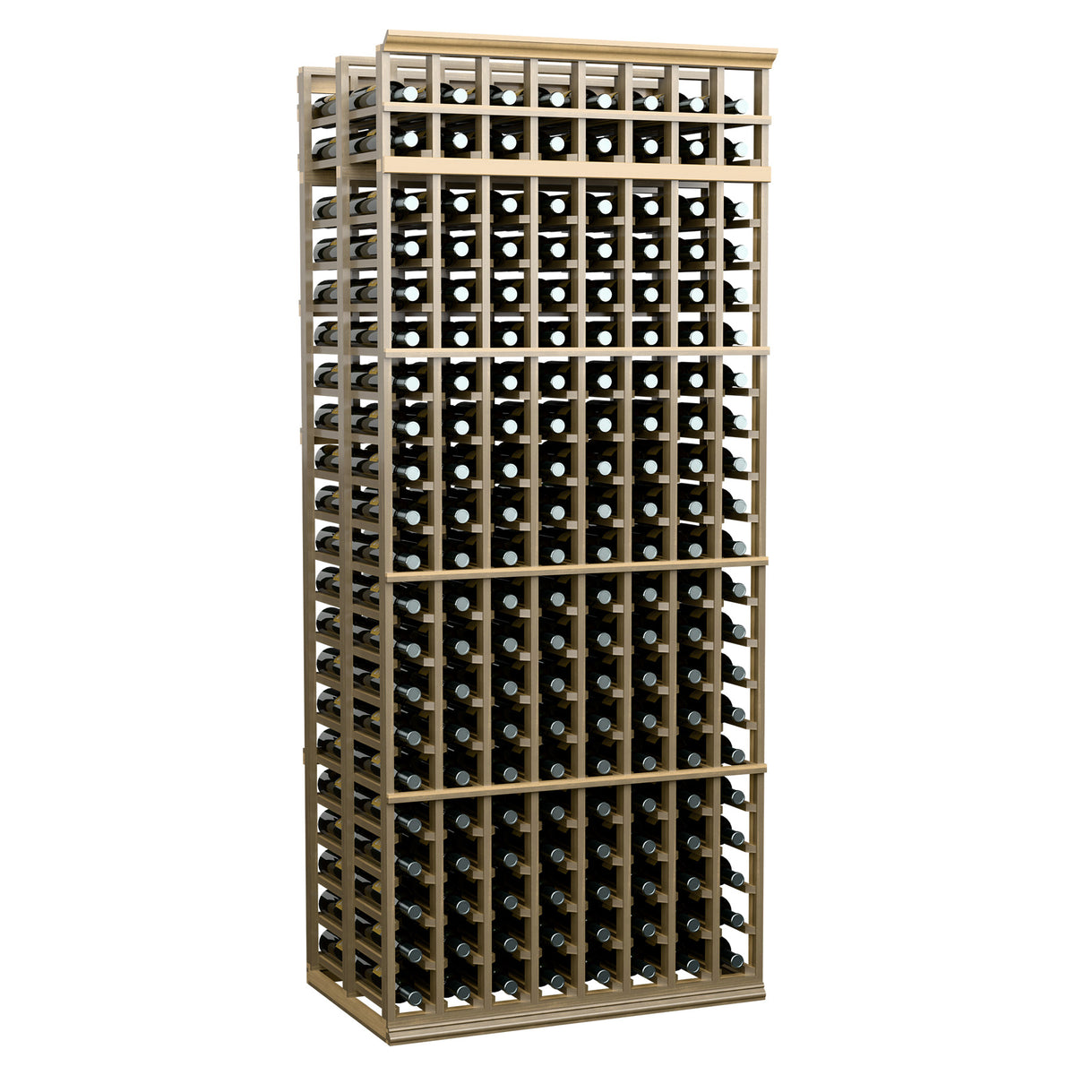 8-column double-deep wine rack with light wood frame and wine bottle storage
