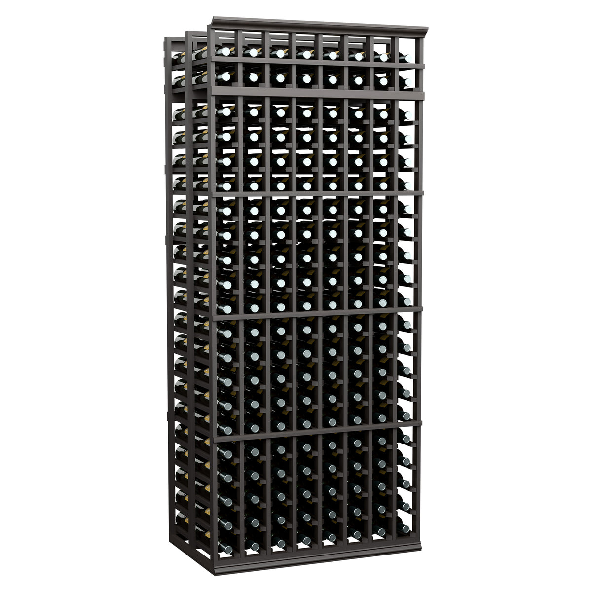 8-column double-deep wine rack with black wood frame and rows of wine bottles