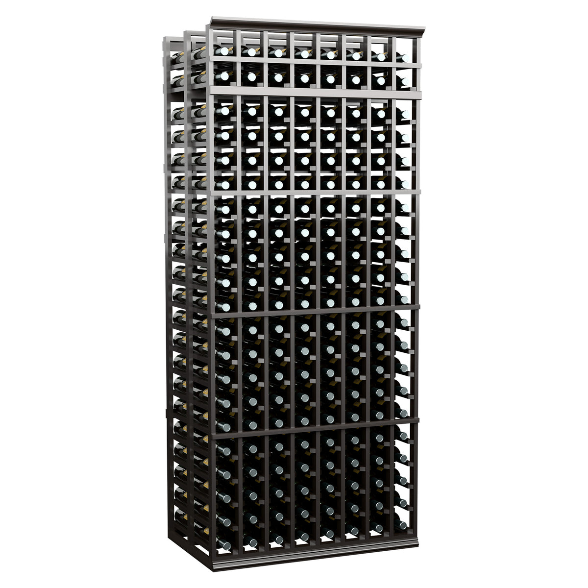 Black wine bottle storage rack with grid shelves and rows of bottle slots