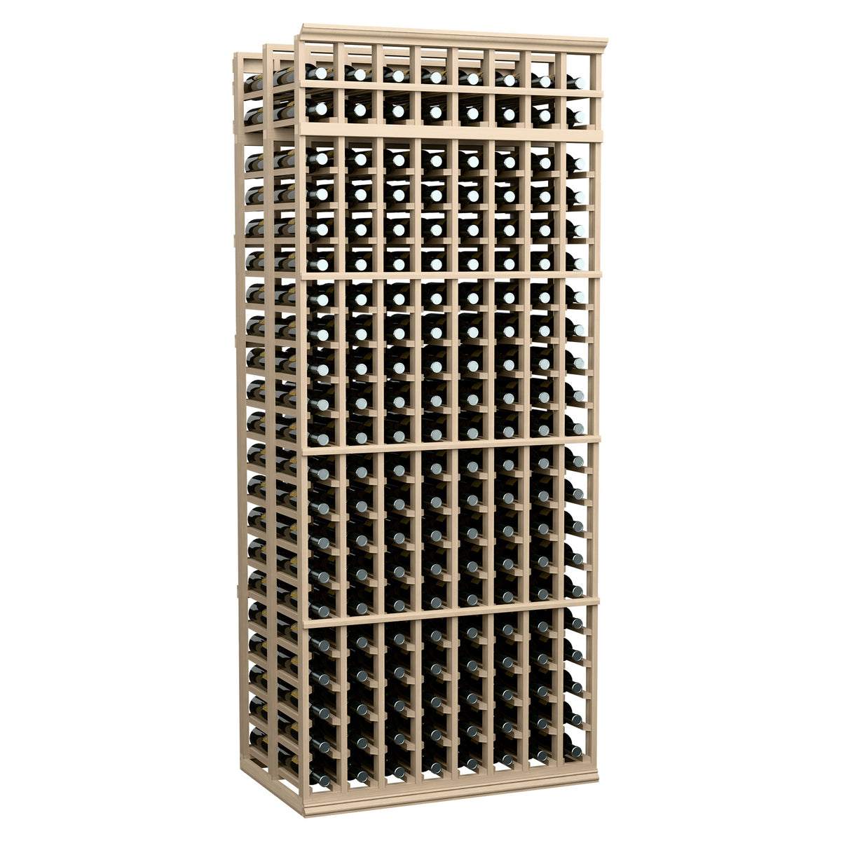 Light wood wine bottle storage rack with grid shelves and rows of bottle slots
