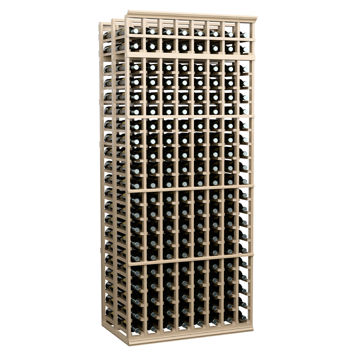 Pale white wood wine bottle storage rack with grid shelves and bottle slots