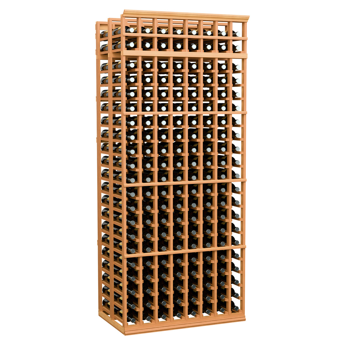 Red wood wine bottle storage rack with grid shelves and bottle slots