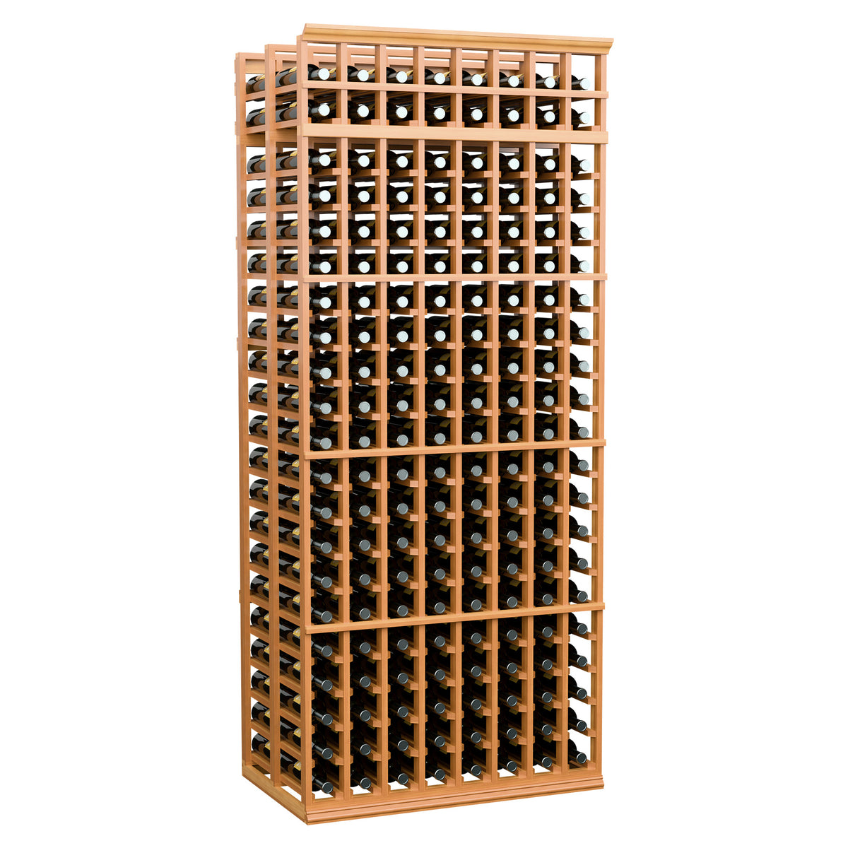Medium brown wood wine bottle storage rack with grid shelves and bottle slots