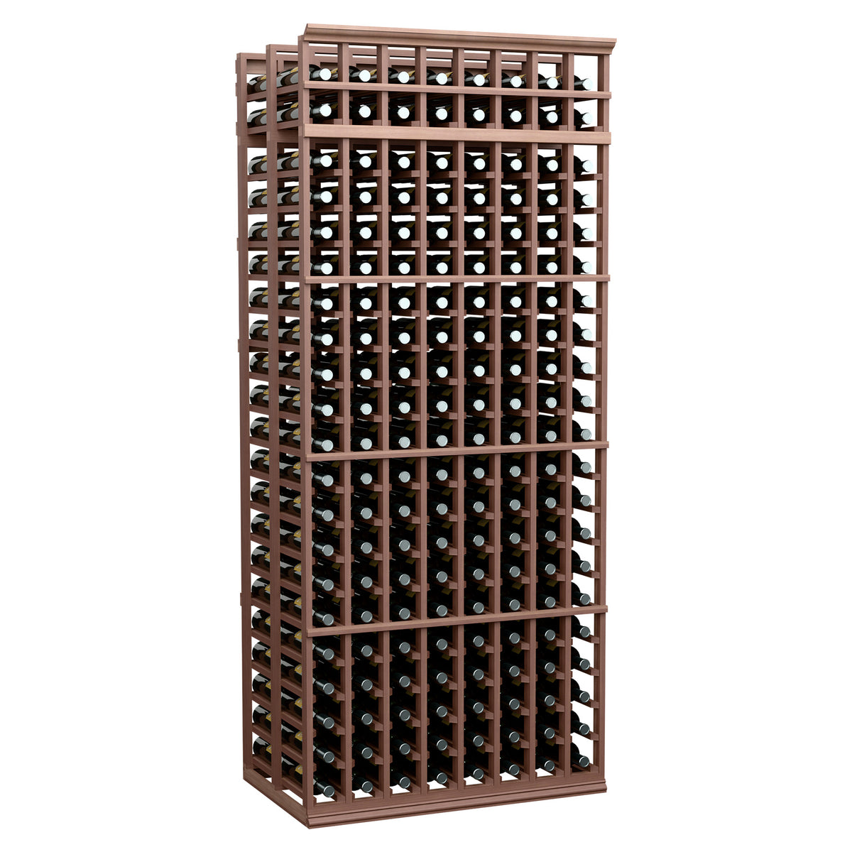 Wood wine bottle storage rack with two levels and grid sleeves, dark backing