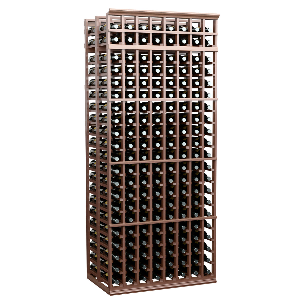 Dark brown wood wine bottle storage rack with grid shelves and bottle slots