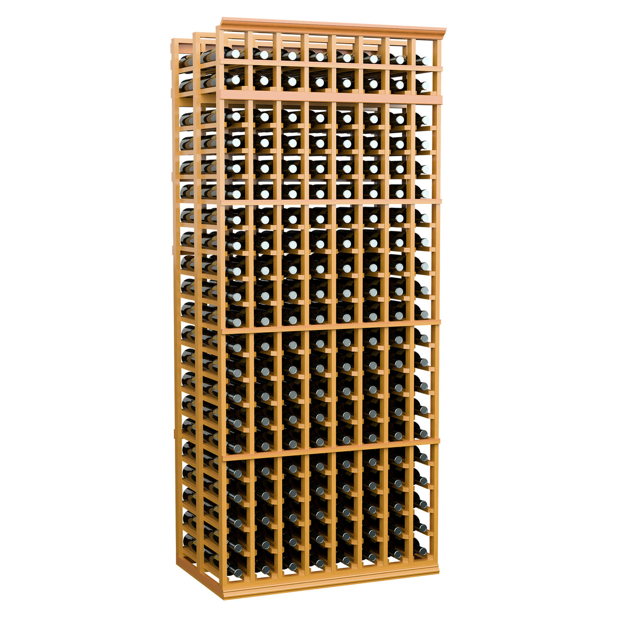 Tan wood wine bottle storage rack with grid shelves and bottle slots