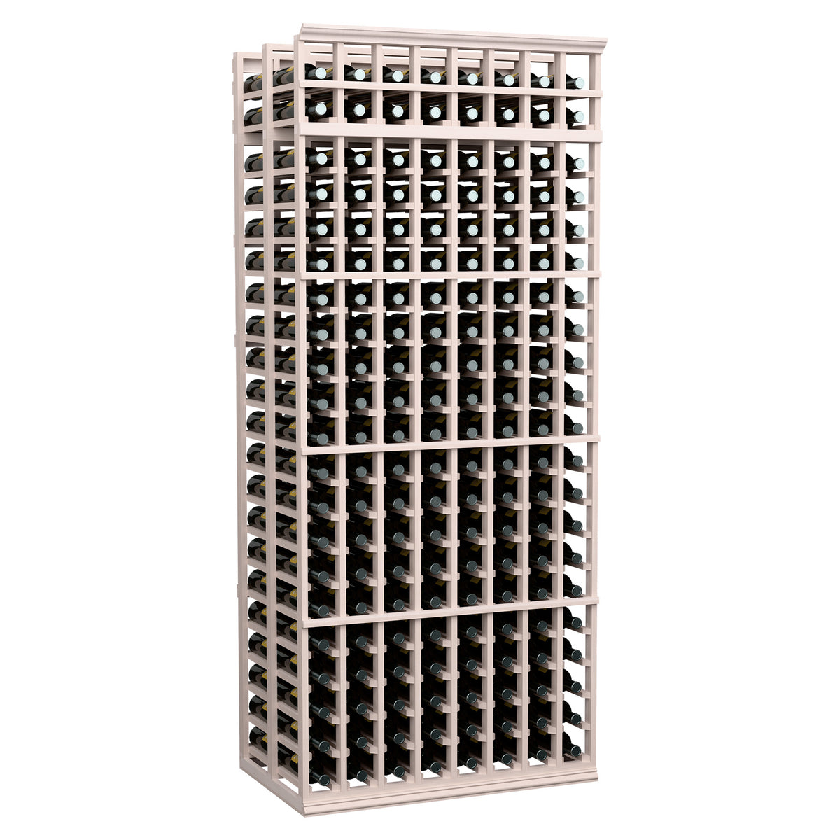 Gray wood wine bottle storage rack with grid shelves and bottle slots