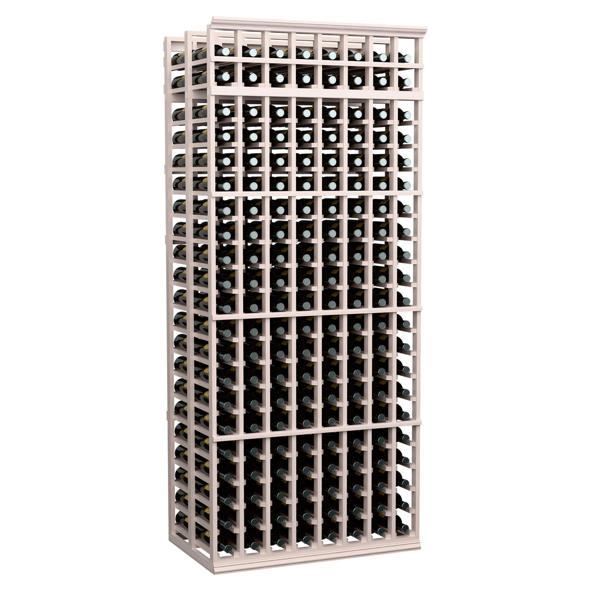 Light gray wood wine bottle storage rack with grid shelves and bottle slots