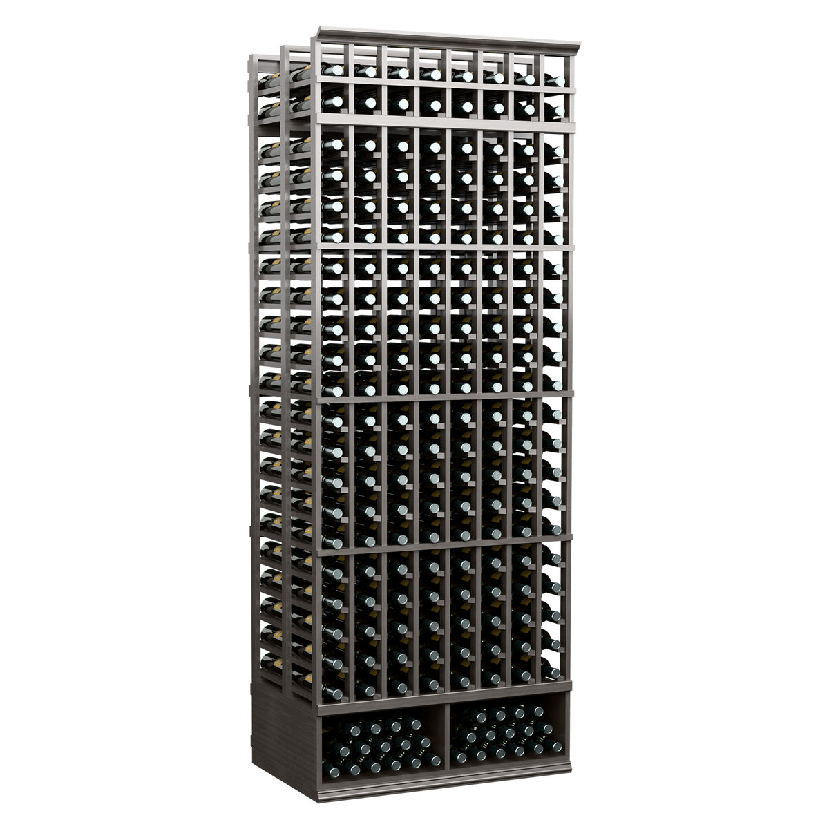 Black 8-foot double-deep wine rack with 8 columns, bottle slots with angled view