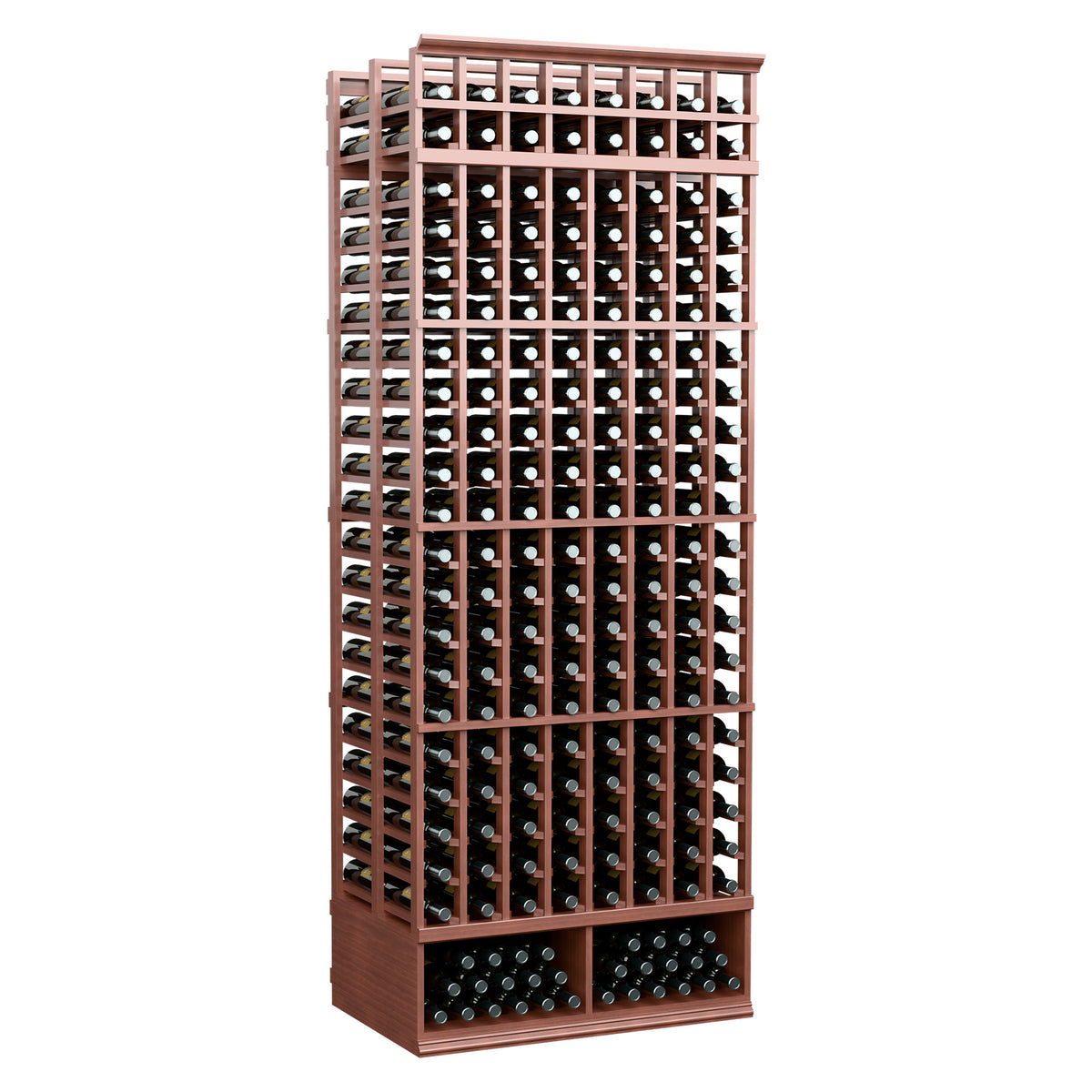 Mahogany 8-foot double-deep wine rack with 8 columns, bottle slots with angled view