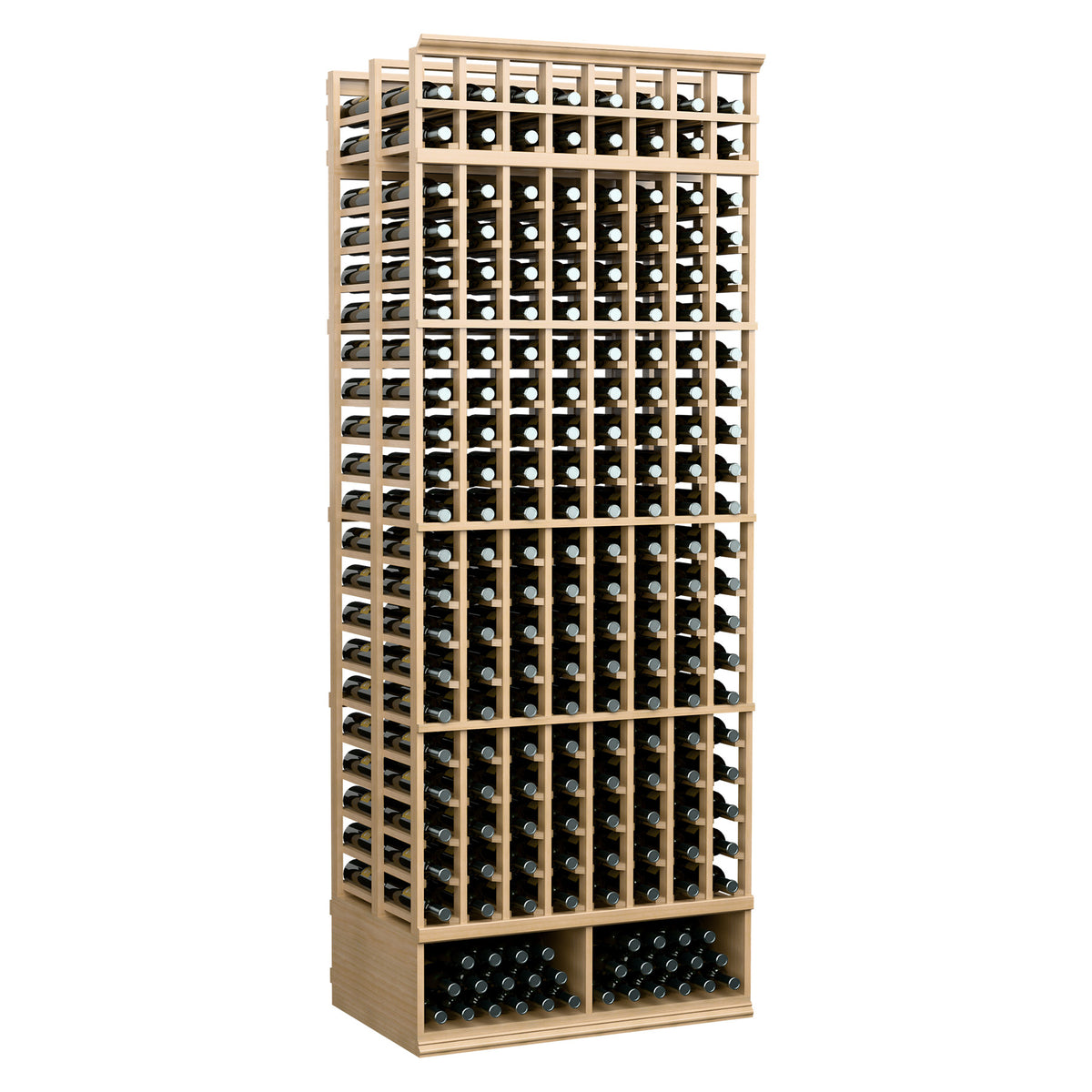 Light wood 8-foot double-deep wine rack with 8 columns, bottle slots with angled view