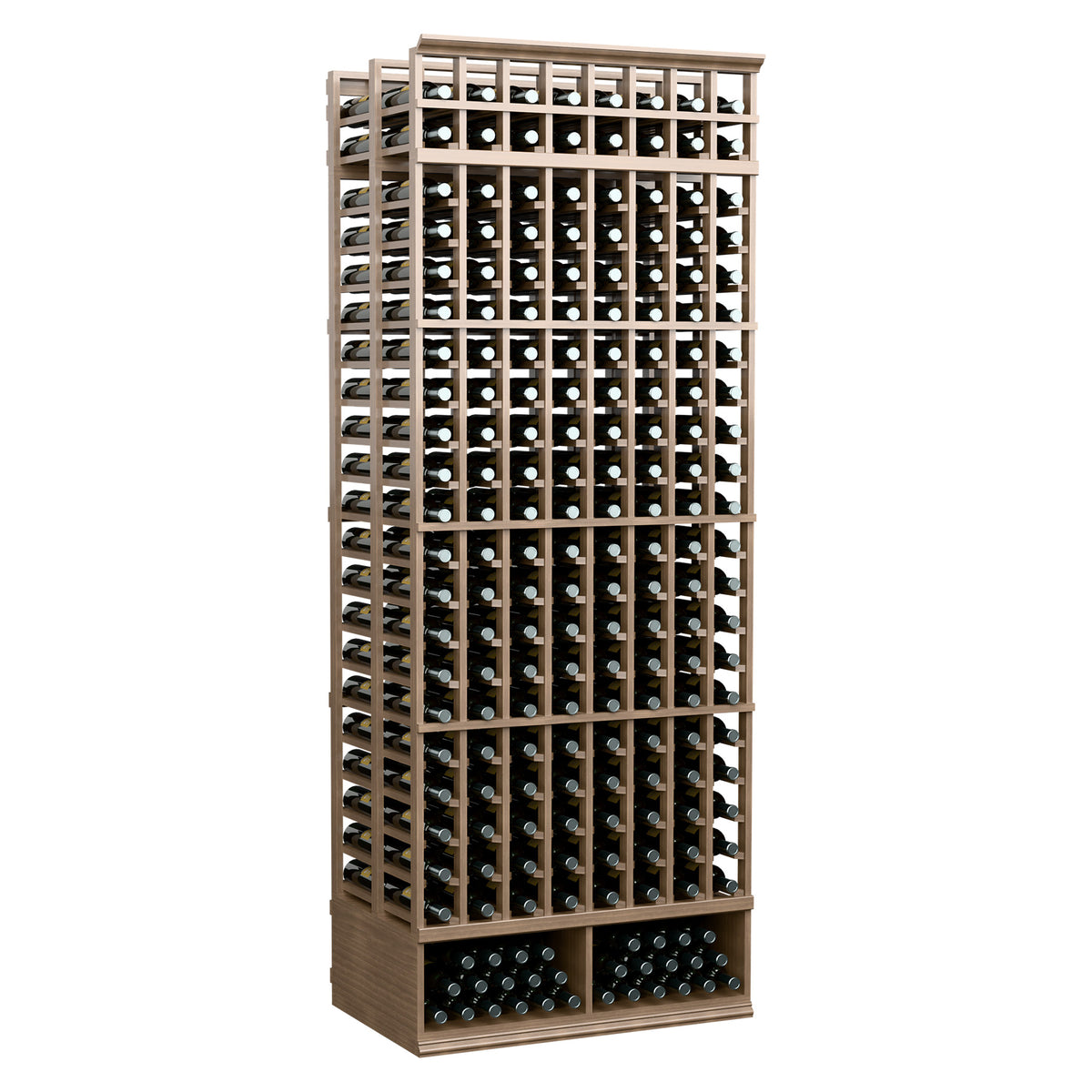 Natural wood 8-foot double-deep wine rack with 8 columns, bottle slots with angled view