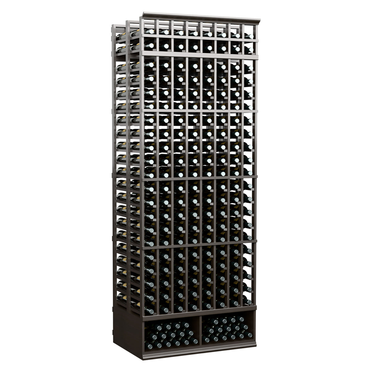 Black 8-foot double-deep wine rack with 8 columns, bottle slots with angled view