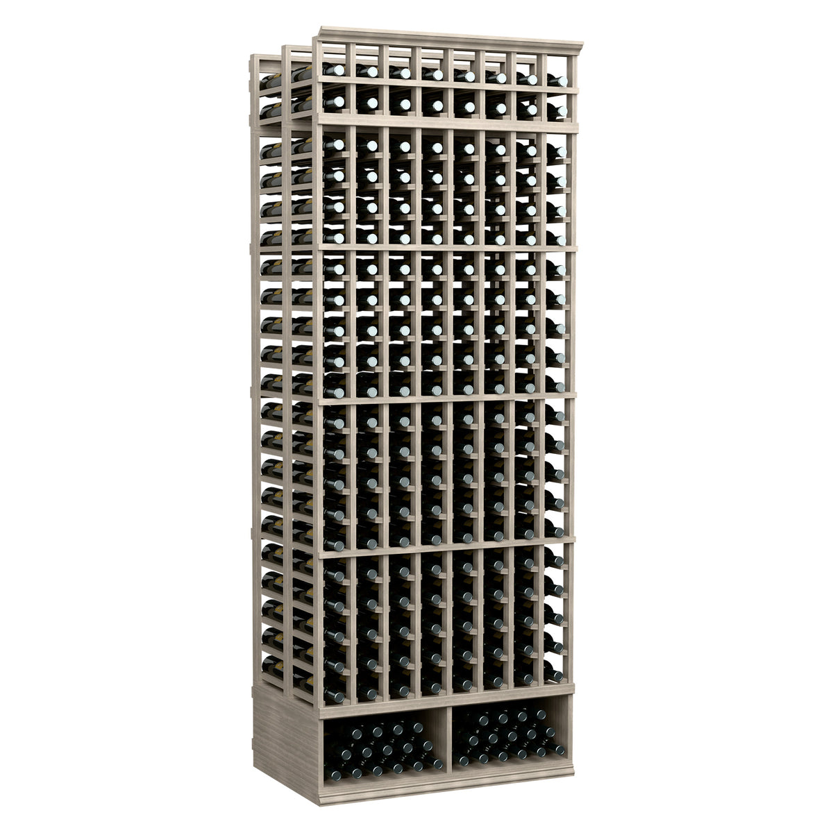 8-column double-deep wine bottle rack in light grey wood with black bottle holders