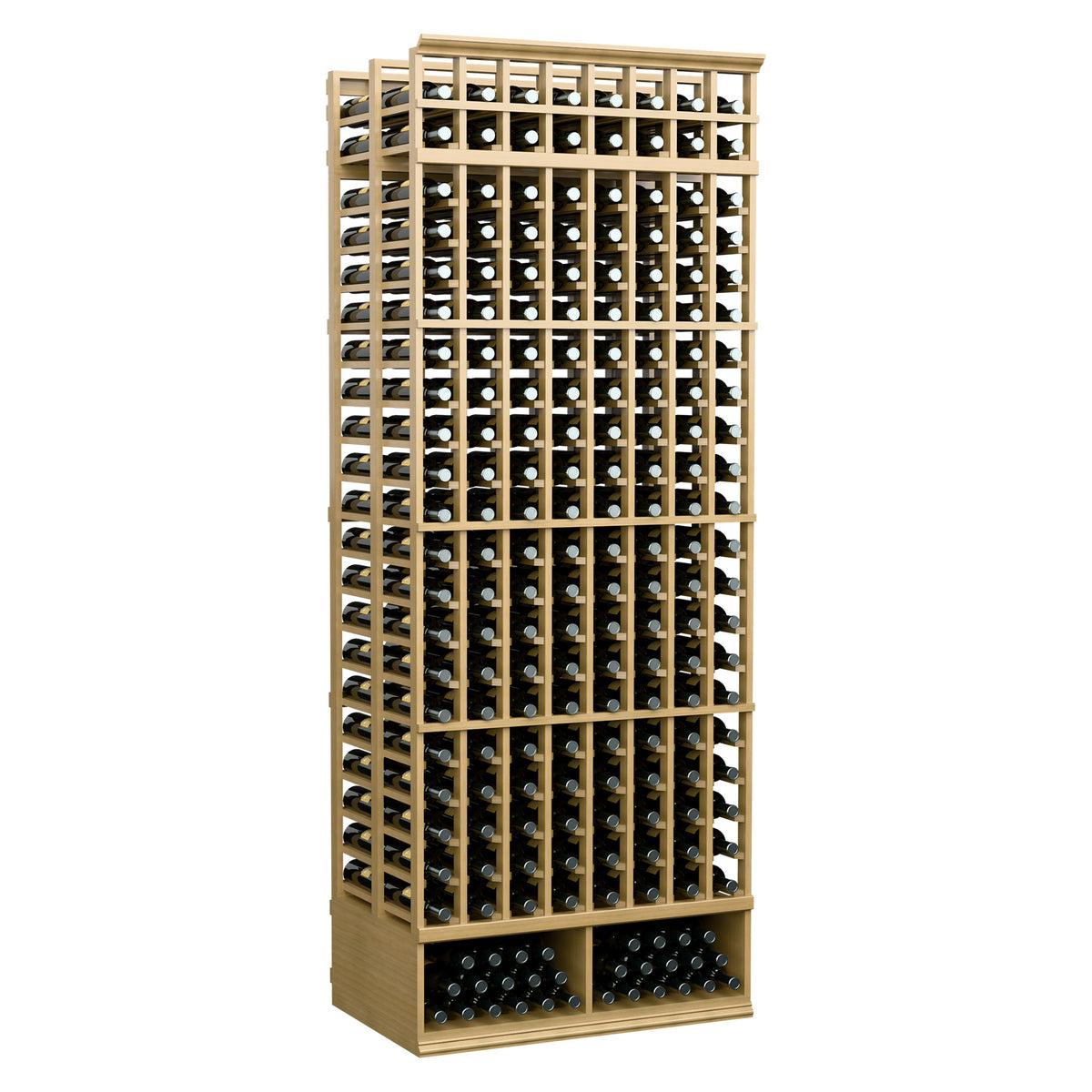 8-column double-deep wine rack, light wood frame and rows of bottle openings
