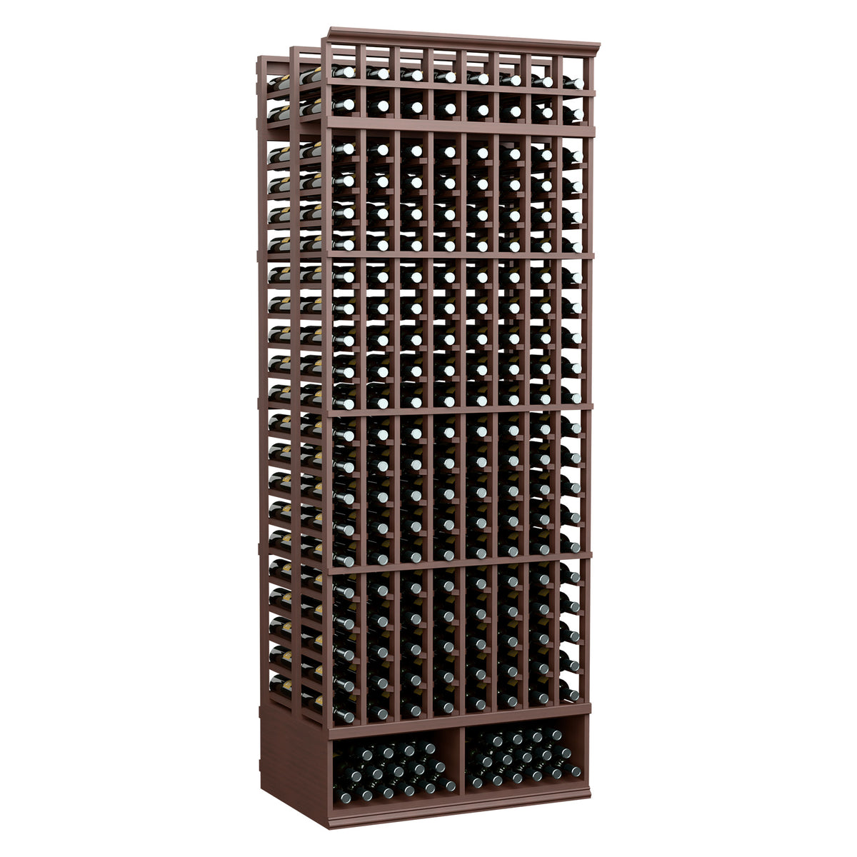 8-column double-deep wine bottle rack in dark brown wood with black bottle holders