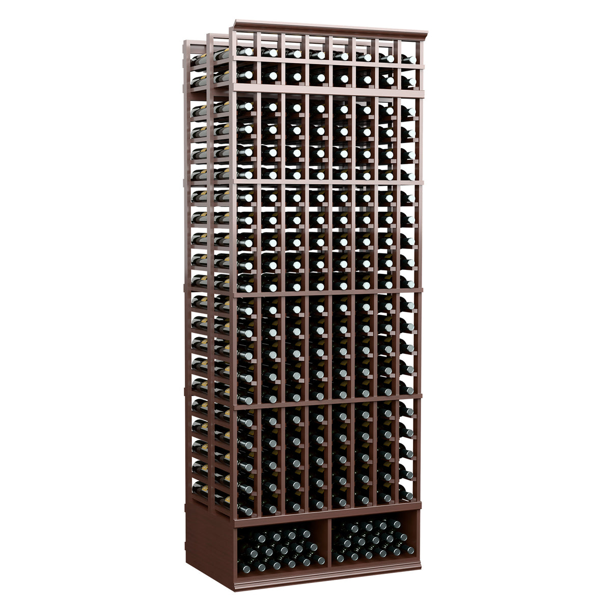 8-column double-deep wine rack, medium brown wood frame with black bottle slots