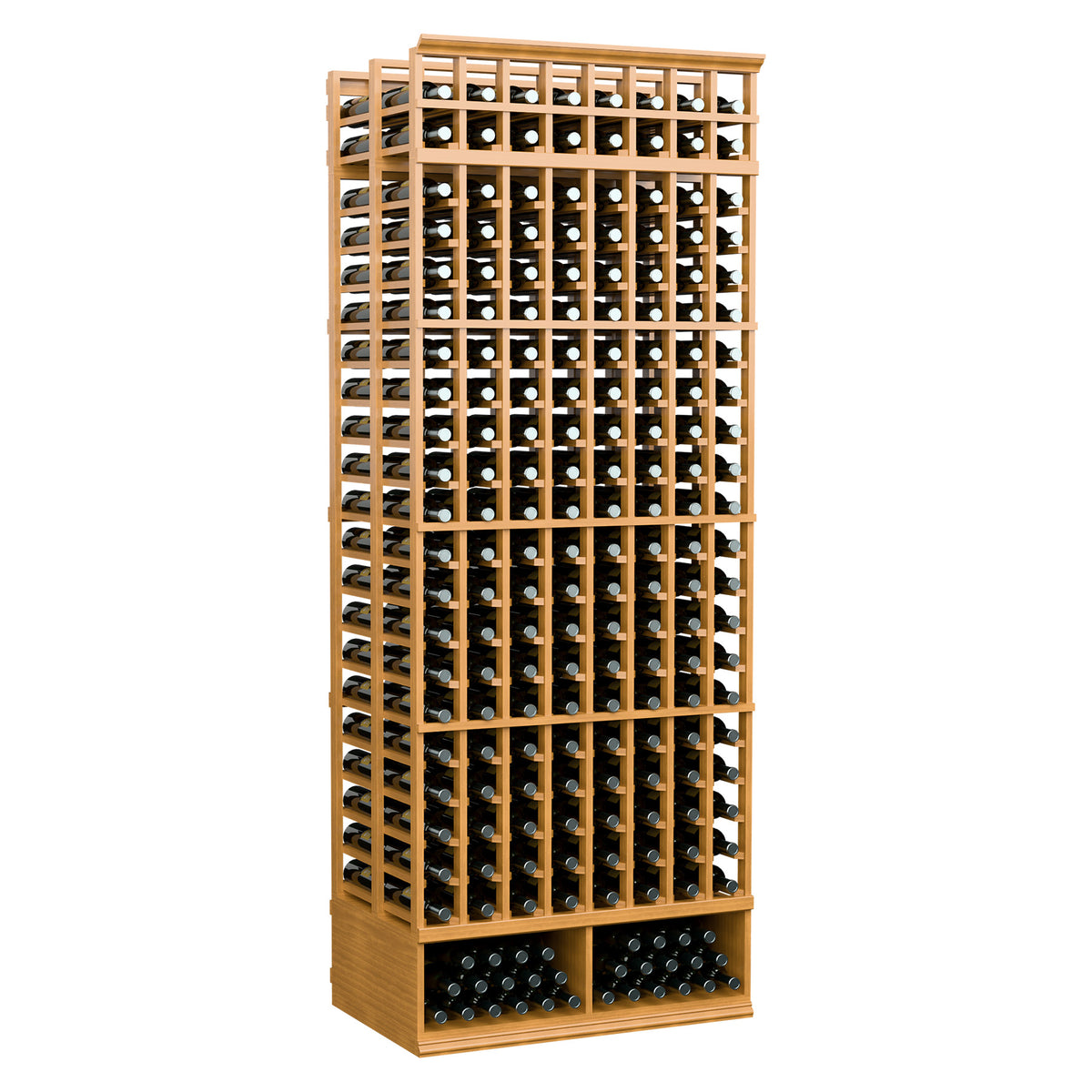 8-column double-deep wine rack, warm light wood with evenly spaced bottle openings