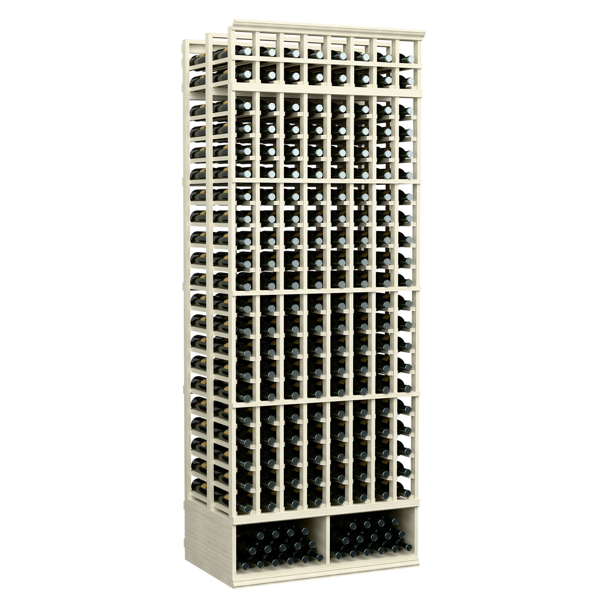 8-column double-deep wine bottle rack, whitewashed light wood with black bottle holders