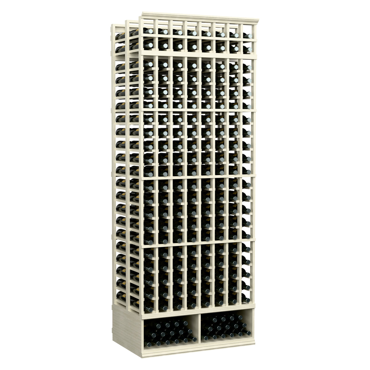8-column double-deep wine rack, whitewash light wood frame with grid bottle slots