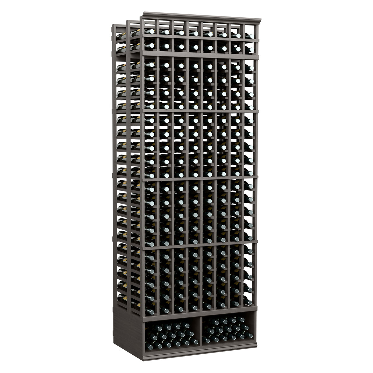8-foot double deep wine bottle rack with dark frame and multiple bottle slots