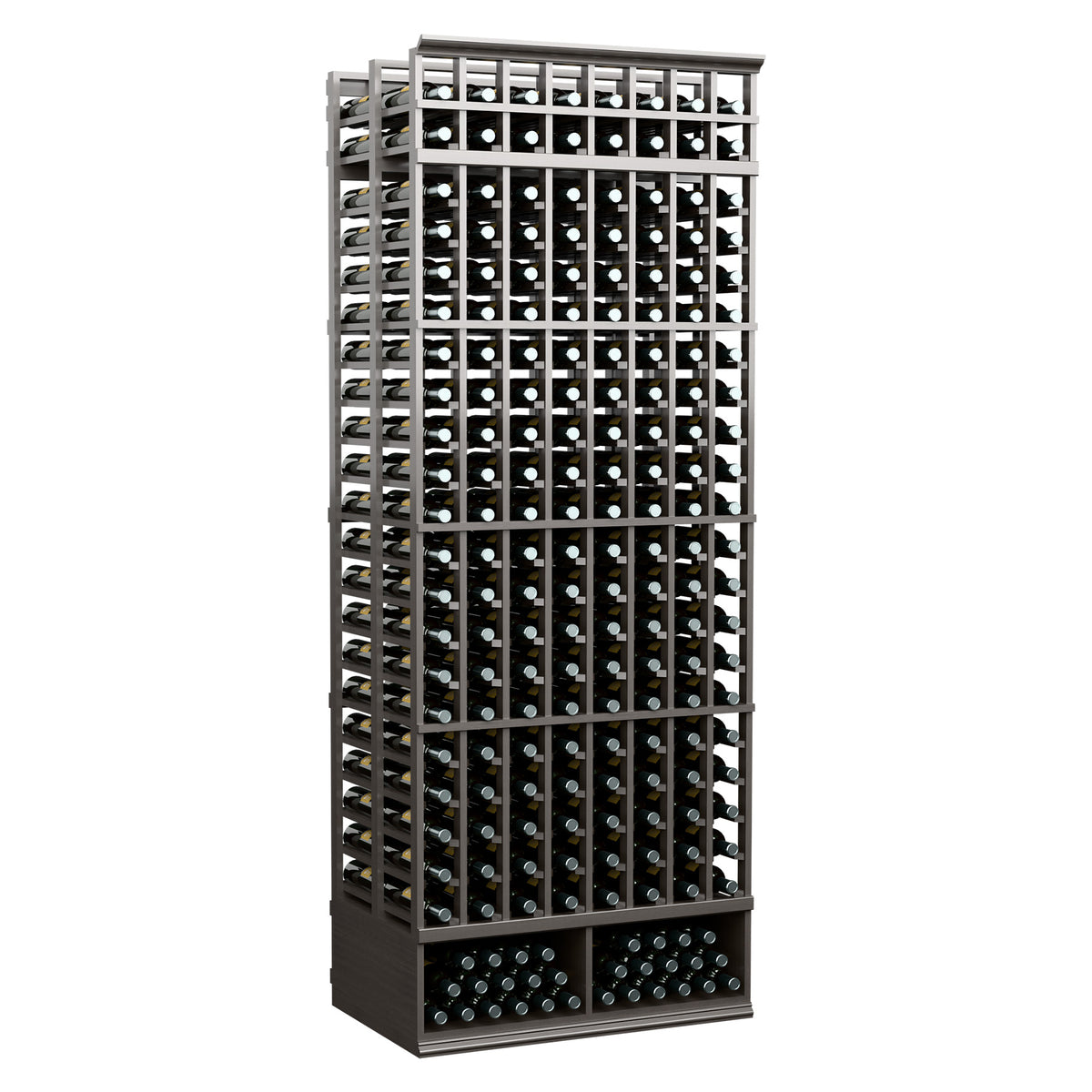 8-foot double deep wine bottle rack with dark frame and full wine bottle slots