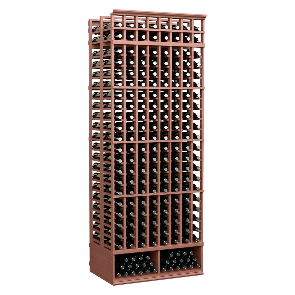 8-foot double deep wine bottle rack with reddish wood frame and bottle slots