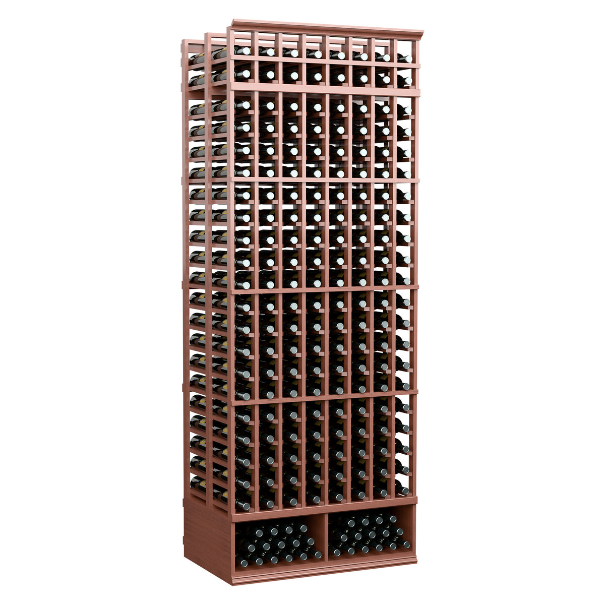 8-foot double deep wine bottle rack with reddish wood frame and wine bottle rows