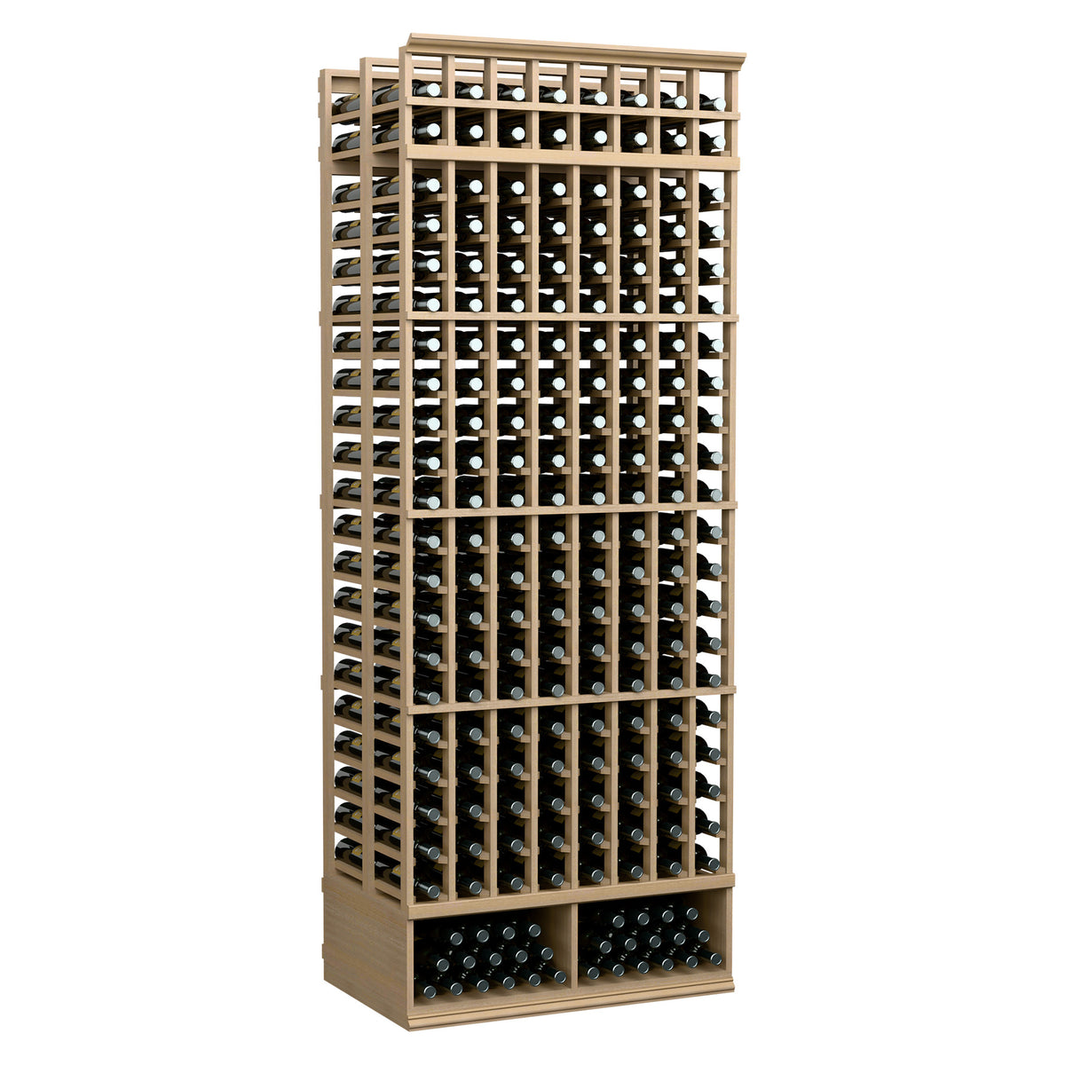 8-foot double deep wine bottle rack with light wood frame and bottle storage slots