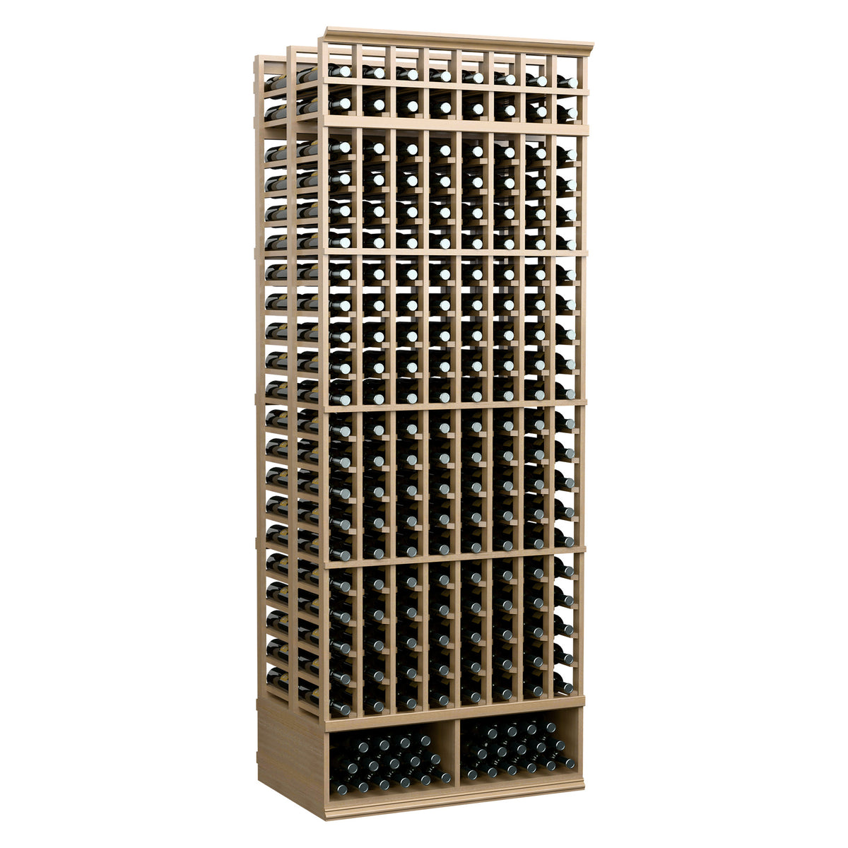 8-foot double deep wine bottle rack with light wood frame and multiple bottle openings