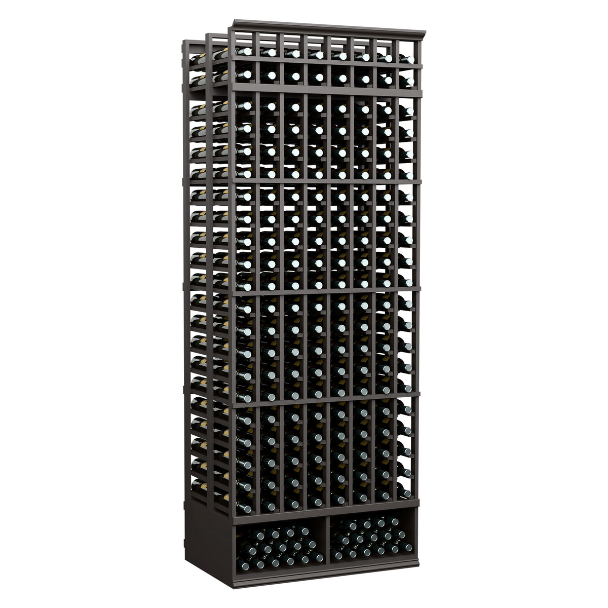 8-foot double deep wine bottle rack with dark frame and tightly packed bottle slots