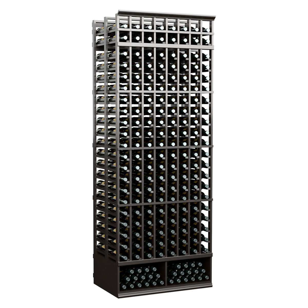 8-foot double deep wine bottle rack with dark frame and two-depth bottle storage