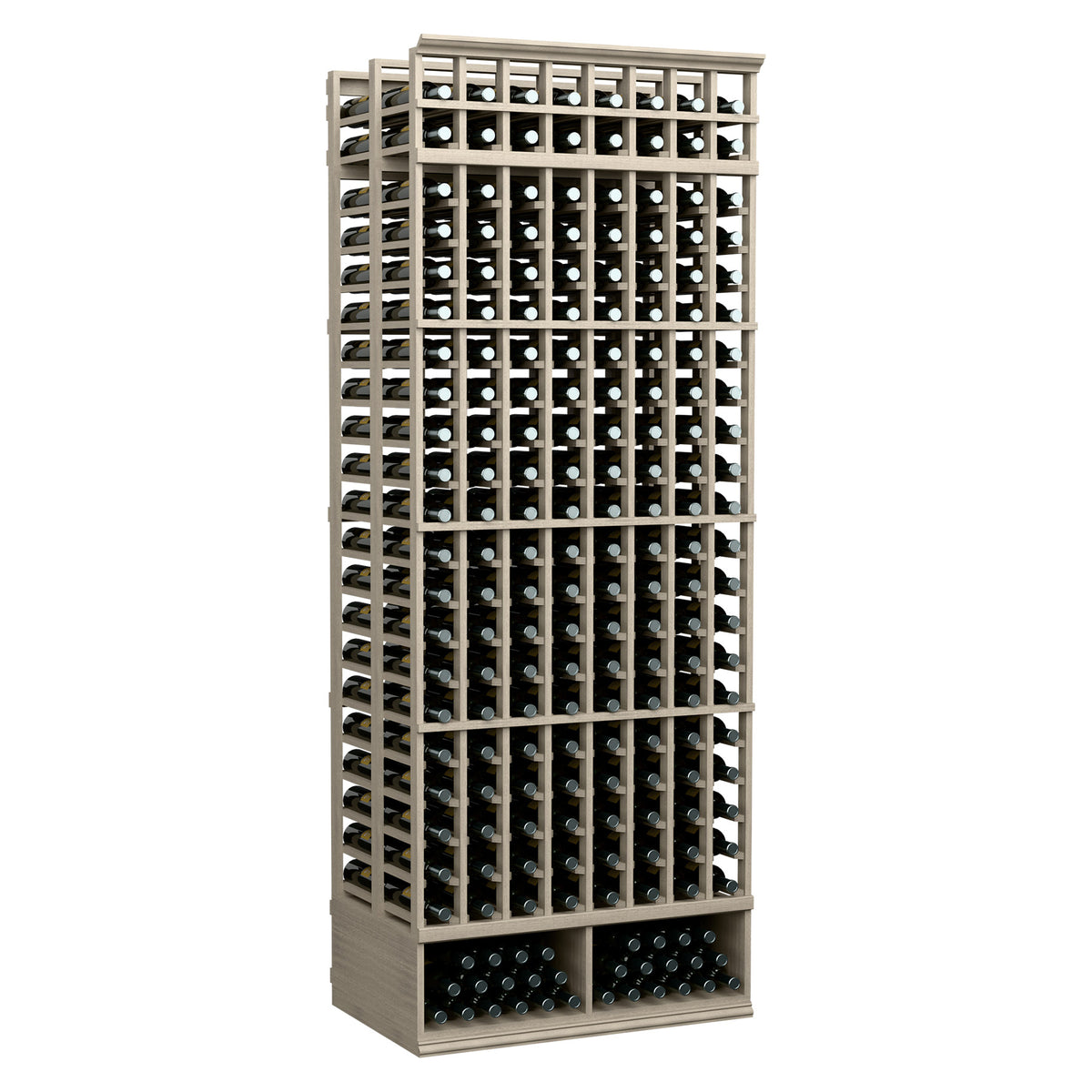8-column double-deep wine bottle rack with black holders, light wood frame