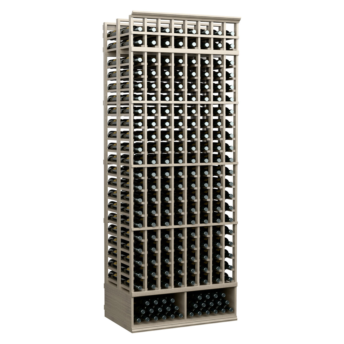 8-column double-deep wine bottle rack with black holders, light wood frame