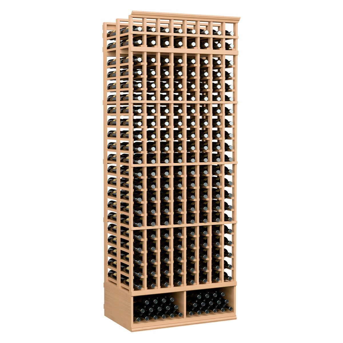 8-column double-deep wine bottle rack with black holders, light pine wood frame