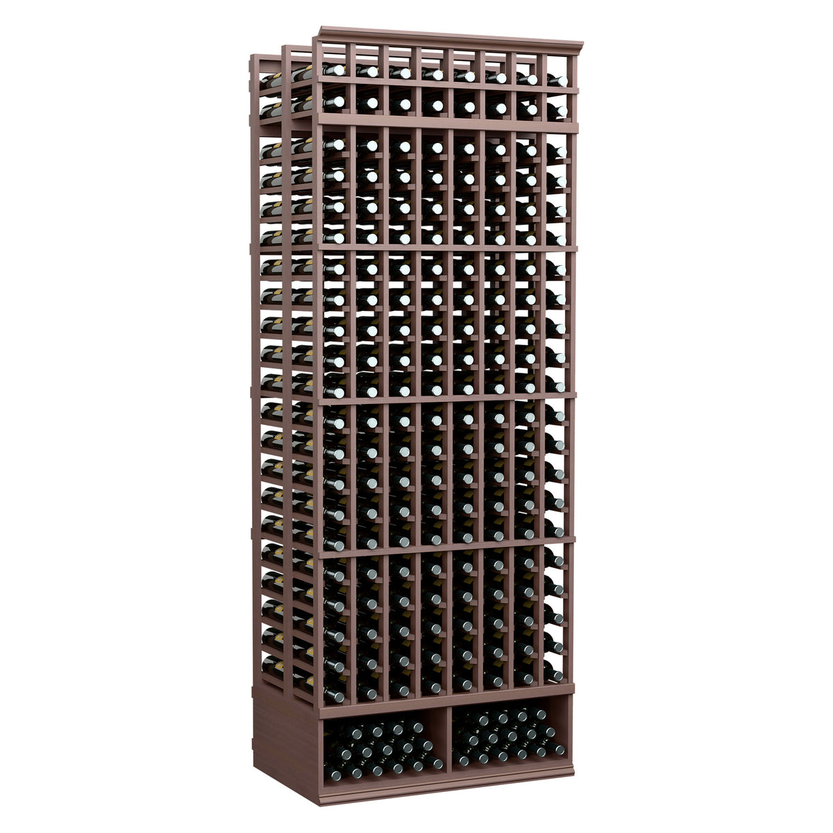 8-column double-deep wine bottle rack with black holders, dark wood frame