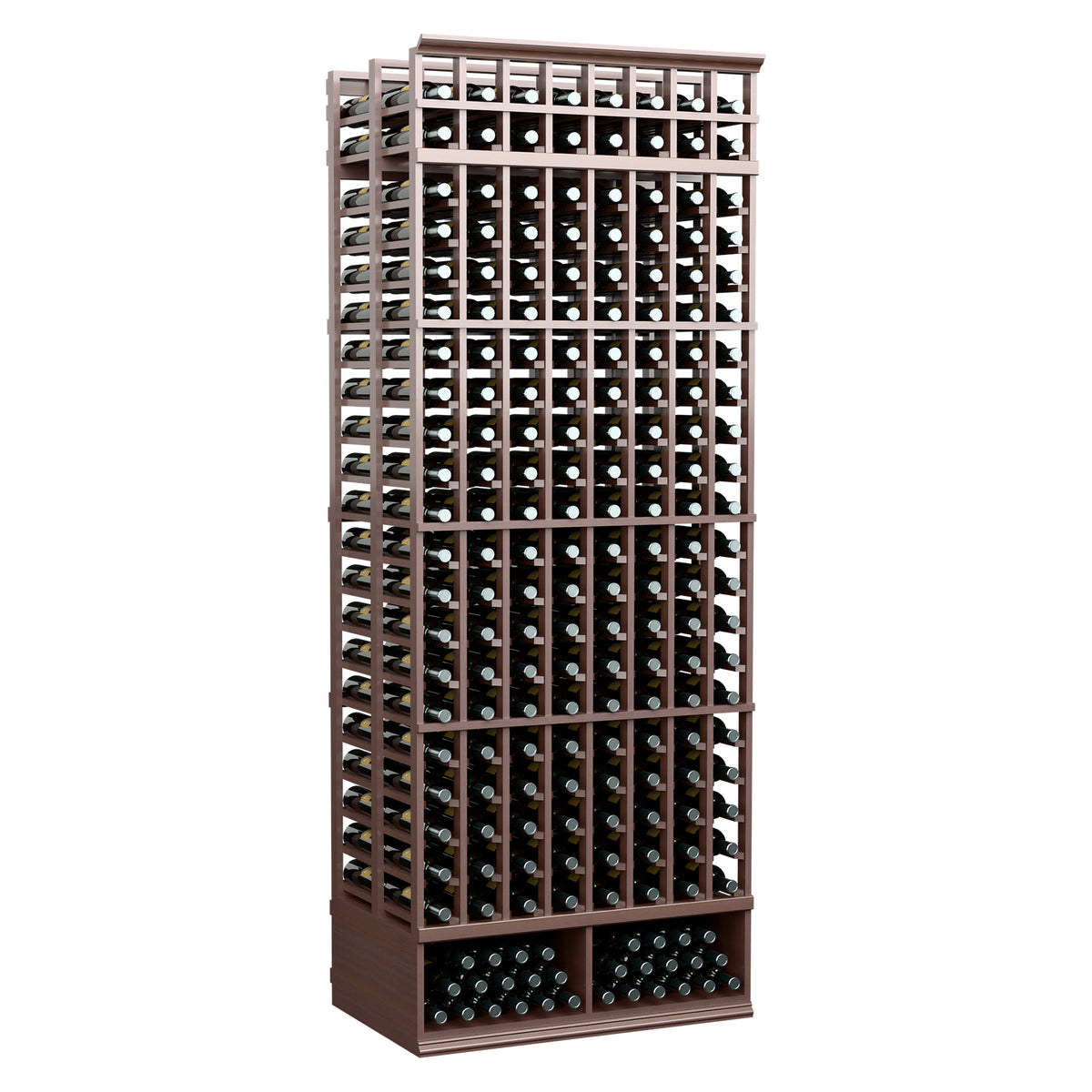 8-column double-deep wine bottle rack with black holders, dark wood frame