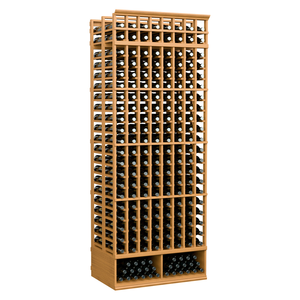 8-column double-deep wine bottle rack with black holders, light pine wood frame