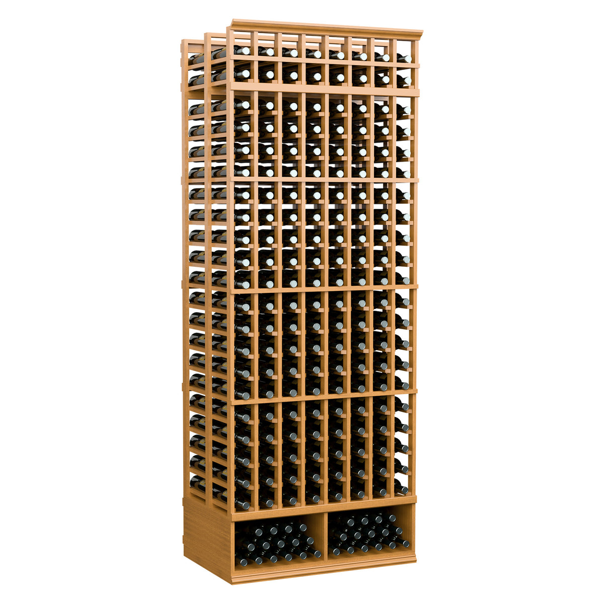 8-column double-deep wine bottle rack with black holders, light pine wood frame