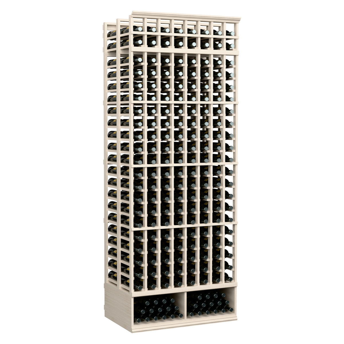 8-column double-deep wine bottle rack with black holders, light wood frame